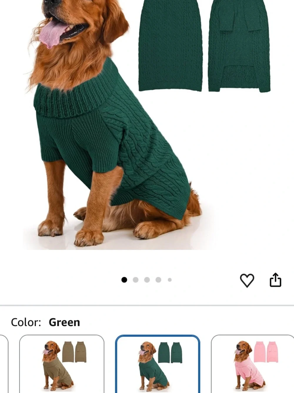 Dog Sweater for Large Dogs, Long Sleeve, Size XL, Green Stretchy cable knit